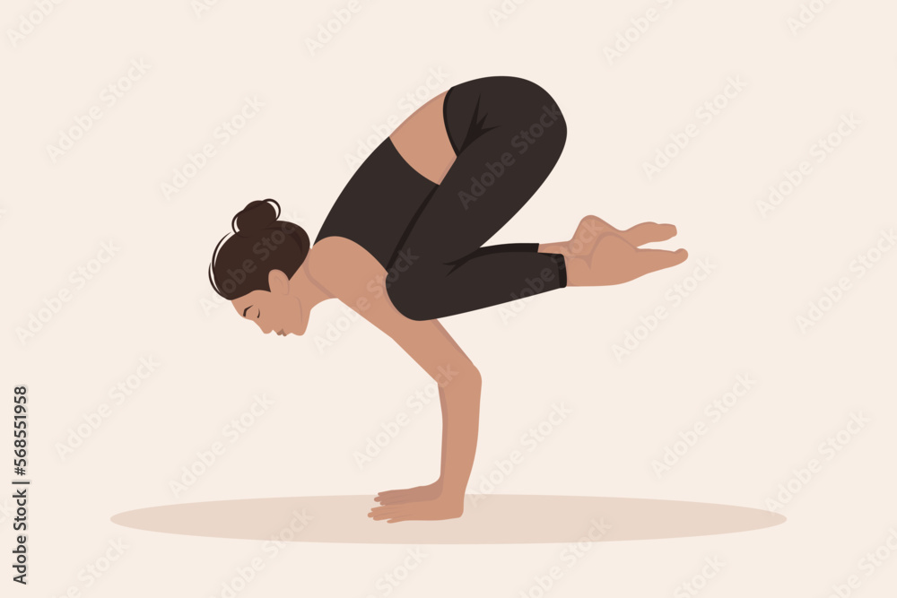 A Picture of a young woman performing physical exercises and demonstrating yoga asana on light background. Flat vector illustration A Picture of a young woman performing physical exercises and demonstrating yoga asana on light background. Flat vector illustration