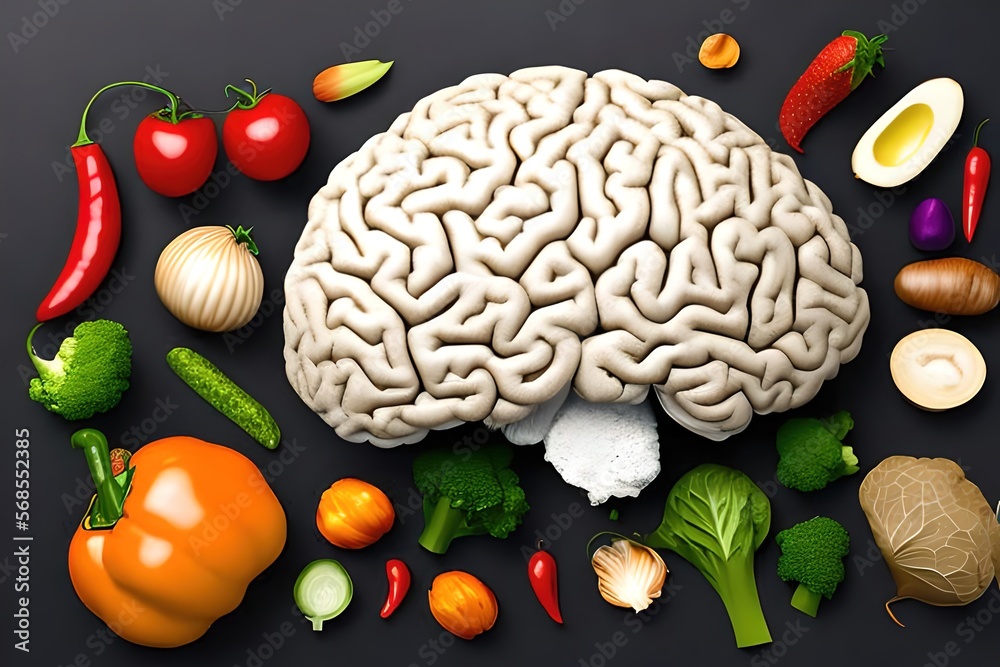 Human brain with of fruits and vegetables. Concept of nutritious food for brain health and