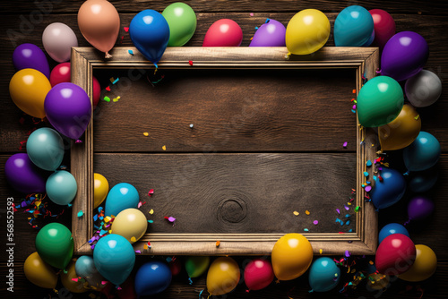 Bright and festive carnival frame made of balloons, confetti on aged wooden plank, generative ai