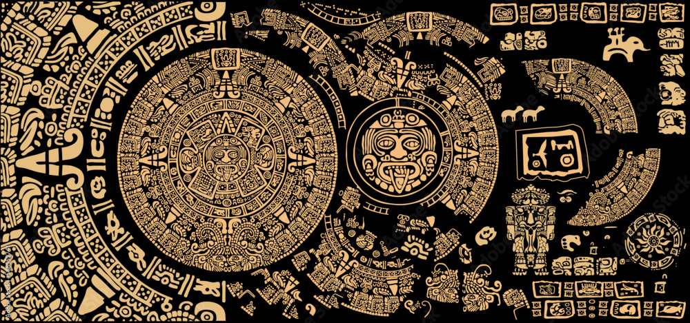 Background of signs and symbols of the ancient civilizations of America Maya and Aztec . - obrazy, fototapety, plakaty 