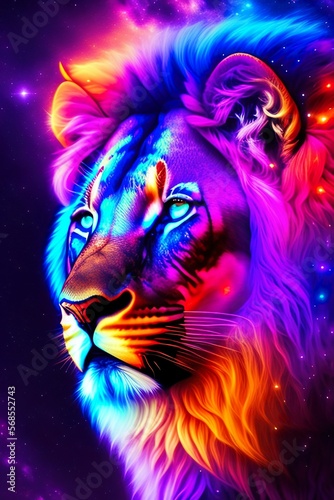 Erleben Sie die Schönheit des Universums durch die Augen eines Löwen mit Galaktischer Wolf: Ein künstlerisches Meisterwerk aus KI. Dieses einzigartige Kunstwerk, erschaffen von fortschrittlicher KI-Te photo