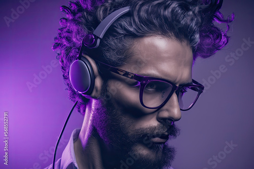 Confident hipster model sports eye-catching glasses and stylish headphones while jamming to latest tunes on purple studio stage, generative ai