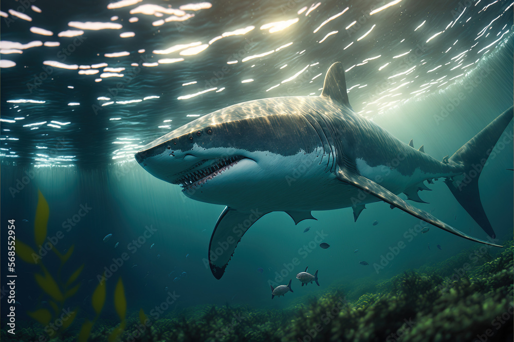 White shark swimming okean reef Generative AI