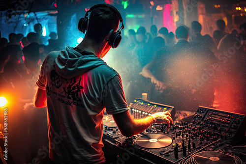 DJ Scratching Records in a Crowded Nightclub, generative ai photo