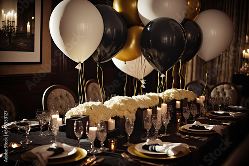 Elegant balloon centerpieces adorning a fancy dinner party, generative ai photo
