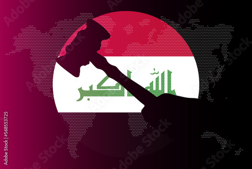 Iraq flag with judge gavel, corruption concept, law or legal result, news banner