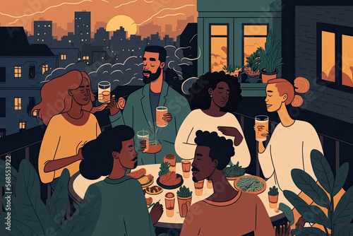 Rooftop terrace party with diverse group of friends, generative ai