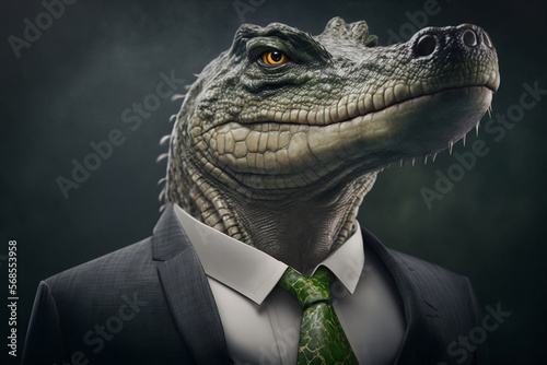 Portrait of a Crocodile Dressed in a Formal Business Suit, The Elegant Boss Crocodile, Generative Ai © Ash