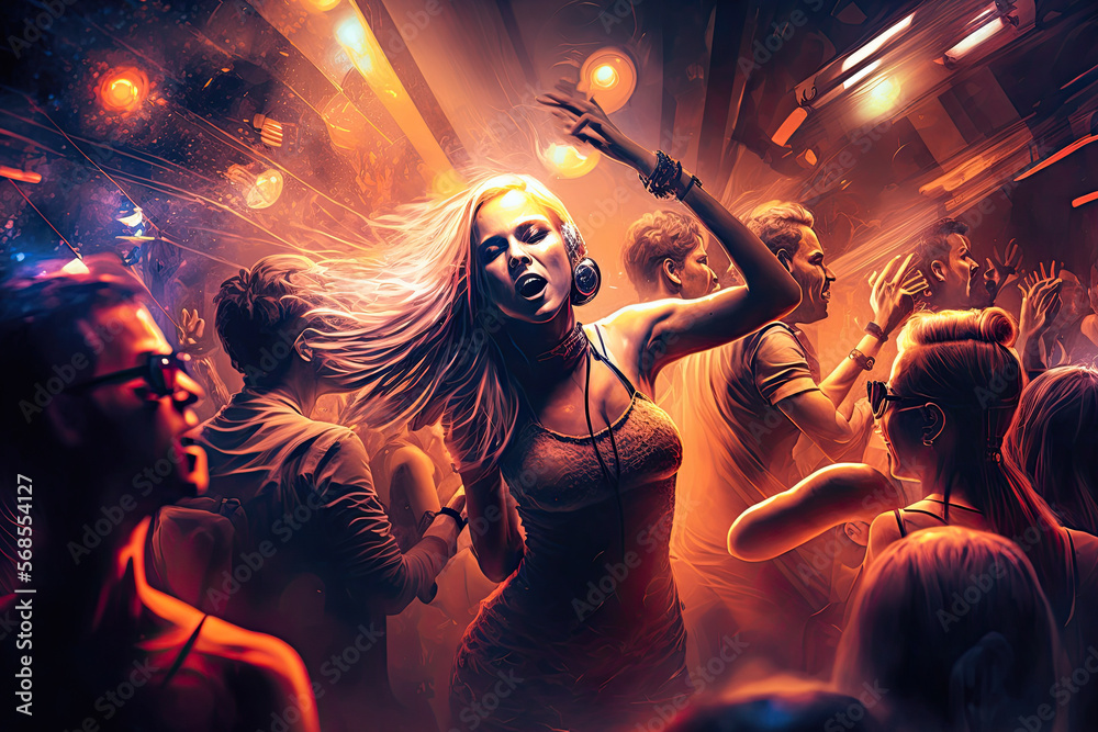 The ultimate dance party with club-goers in a bustling nightclub, generative ai