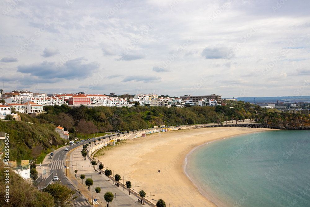 Landscape of the empty Vasco da Gama beach in Sines - Portugal on a cloudy day