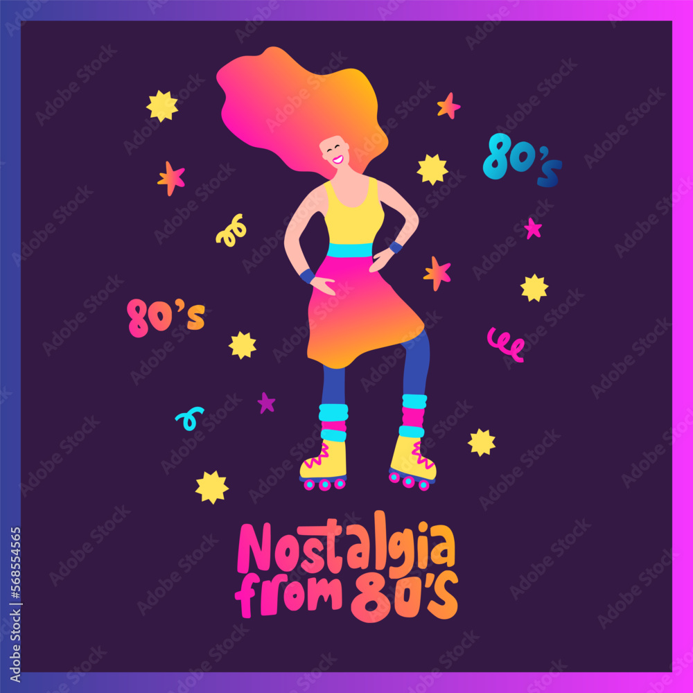 Beautiful skater girl funky poster. Skating lifestyle 80s isolated colorful drawing party activity