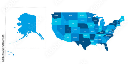 United States of America political map of administrative divisions - states and federal district Washington, D.C. Flat blue vector map with name labels.