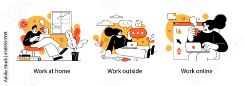 Remote Work Benefits, Limitations and Workflow Organization Concept illustrations. Collection of scenes with people organizing and improving their workflow. Visual stories