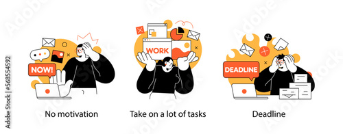 Remote Work Benefits, Limitations and Workflow Organization Concept illustrations. Collection of scenes with people organizing and improving their workflow. Visual stories