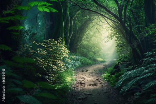 Beautiful rays of sunlight in a green forest, secret trail fairytale garden. Spring.