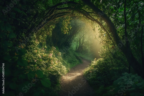 Beautiful rays of sunlight in a green forest, secret trail fairytale garden. Spring.