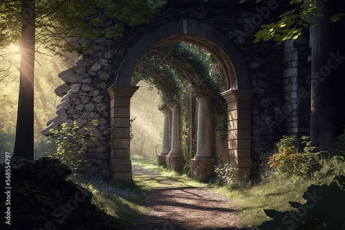 stone arch wall entrance in the forest. Spring