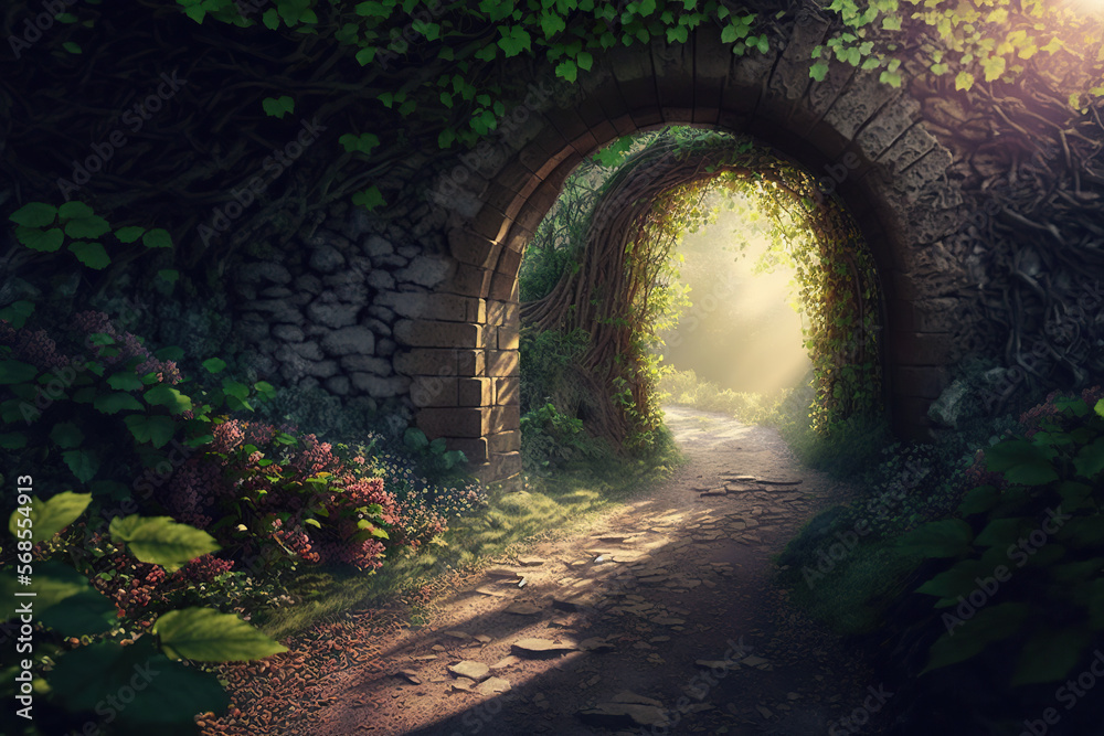stone arch wall entrance in the forest. Spring stone arch wall entrance in the forest. Spring