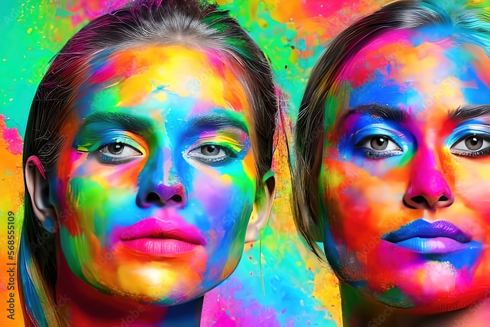 Stylized portrait of two beautiful girls with paint splashes. Stains of colored paints, splashes. generative AI