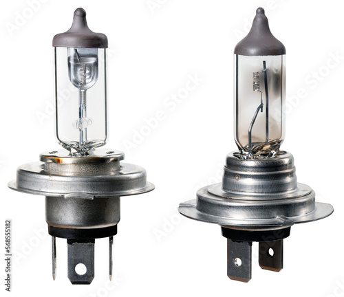 Two different bulbs for car headlights on an isolated background.