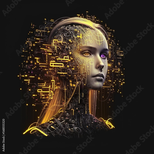 A humanoid cyber girl with a visible network digital art  colorful