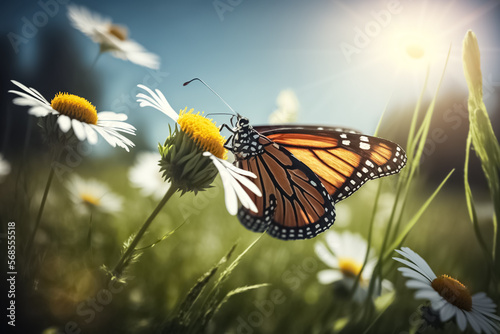 Close-up of a monarch butterfly resting on blossoms Chamomile. Blurred, sunlight spring nature background. Springtime. Flowers and Plants on a Sunny Background. generative AI