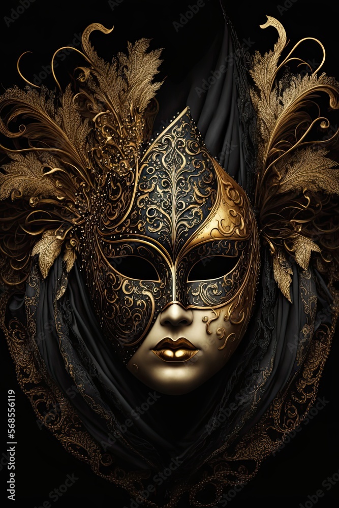Mardi Gras carnival festival black and gold mask vertical web banner. Mardi Gras carnival poster. AI generative