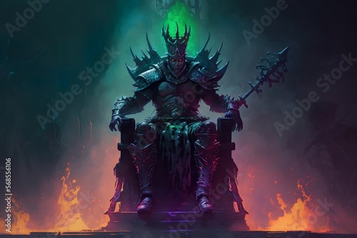 Dark demon lord sitting on the throne of the underworld in purging purple and green infernal flame