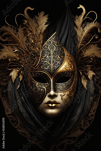 Mardi Gras carnival festival black and gold mask vertical web banner. Mardi Gras carnival poster. AI generative © SmartArt