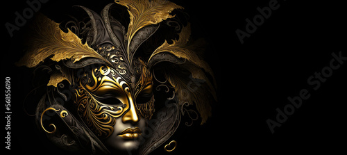Mardi Gras carnival festival black and gold mask web banner. Mardi Gras carnival poster. AI generative