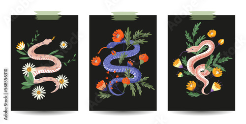 Wild snake nature card poster print set. Mystery floral flower reptile drawing witchcraft cartoon spiritual boho garden ornament.