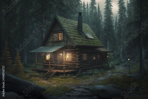 Tableau sur toile Cabin made of wood in the dark surrounded with trees in a scary pine forest