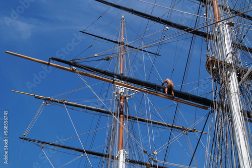 maritime scenery of an old large beautiful ship against the blue sky in London, England 