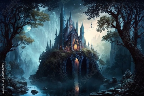 Fantasy castle with towers in the moonlight in the middle of the woods surrounded with water on a rock with a tree root base