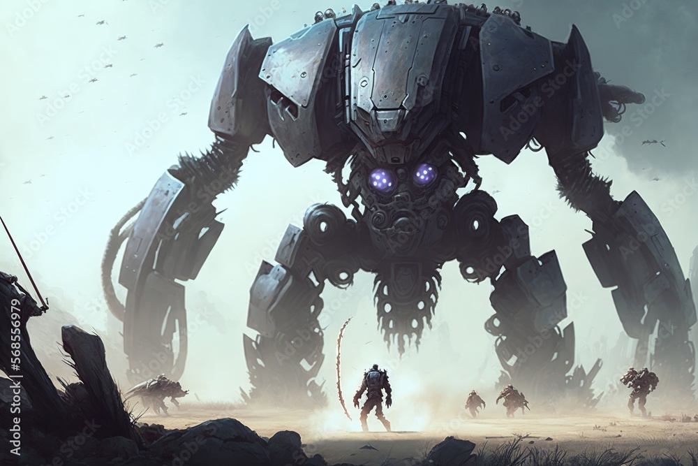 Colossal futuristic mech fighting on a battlefield against cybersoldiers - obrazy, fototapety, plakaty 