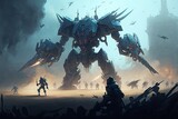 Colossal futuristic mech fighting on a battlefield against cybersoldiers