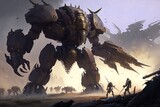 Colossal futuristic mech fighting on a battlefield against cybersoldiers