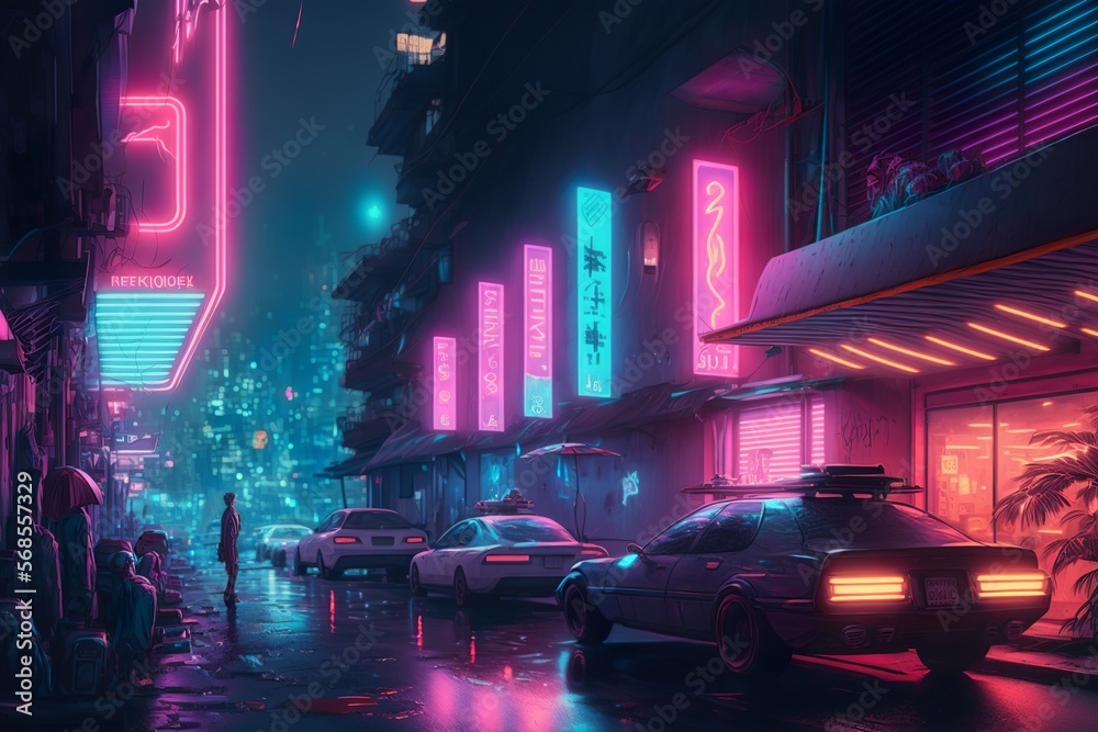 Futuristic car in a cyberpunk megapolis with neon lights and huge buildings
