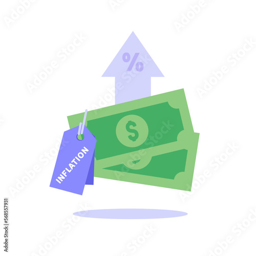 Consumer with shopping cart and grocery prices rising. Increase inflation icon. Concept of inflation, rising food cost, financial crisis. Vector illustration in flat cartoon design.