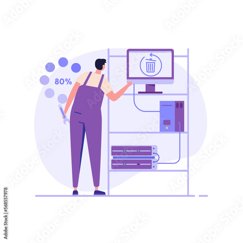 Man in uniform repairing HDD. Restoration process. Data recovery, data storage backup, hardware disk repair service. Vector illustration in flat cartoon design