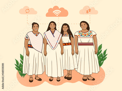 Foto Mujeres jovenes indigenas con vestimenta tradicional, conectadas por la tecnolog
