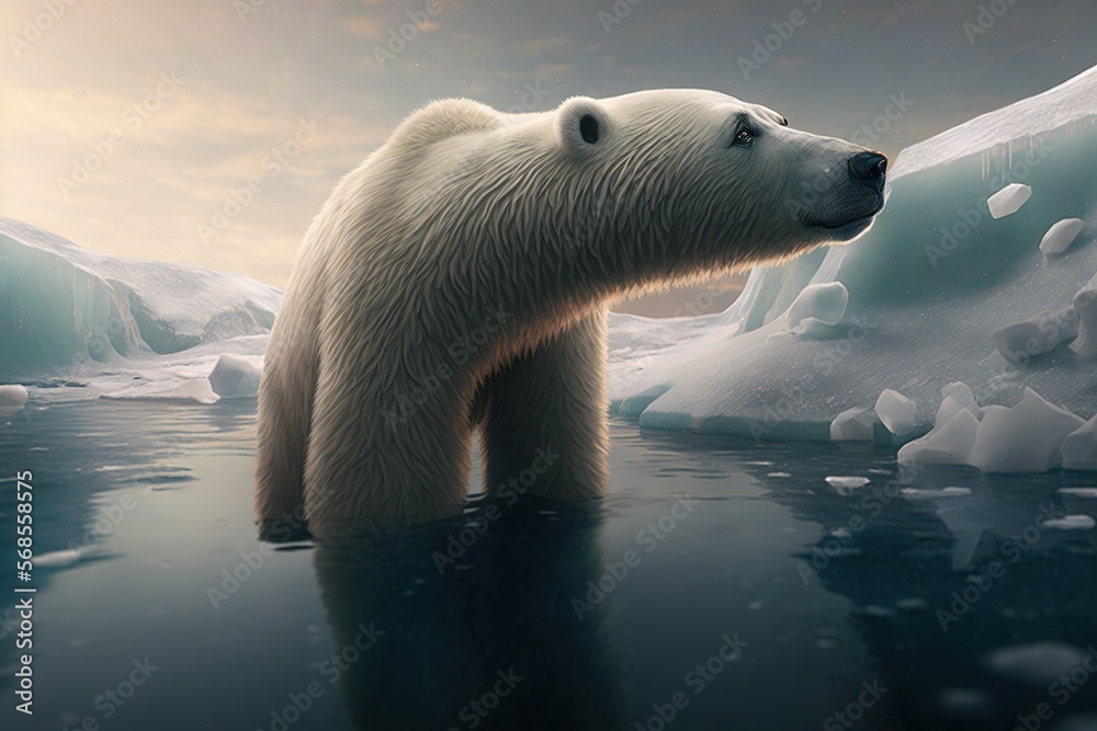  a polar bear standing in a body of water with icebergs in the background and a sky with clouds and a few stars in the sky.  generative ai