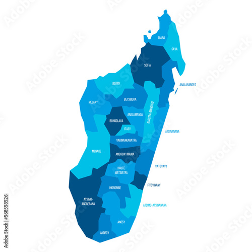 Madagascar political map of administrative divisions - regions. Flat blue vector map with name labels. photo