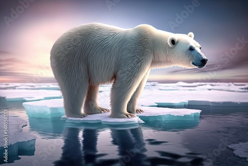  a polar bear is standing on an ice floet in the ocean at night time with the moon in the sky and clouds above it.  generative ai