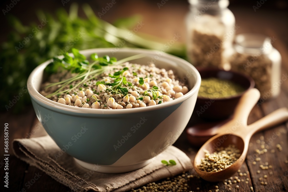 a bowl filled with beans and herbs next to a spoon and a jar of seasoning next to it on a wooden table with a cloth. generative ai a bowl filled with beans and herbs next to a spoon and a jar of seasoning next to it on a wooden table with a cloth. generative ai