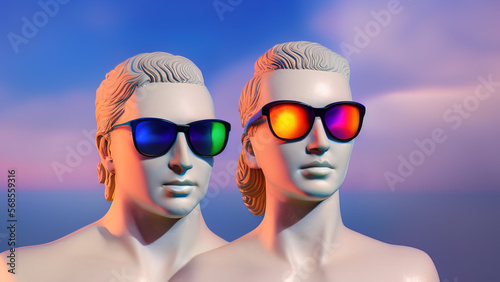 greek statue with colorful sunglasses in front of blue studio background  Generative AI