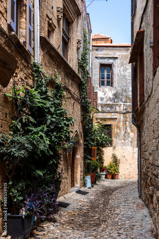 Fototapeta premium Narrow cobbled historical streets in Old Town of Rhodes, Dodecanese, Greece. High quality photo