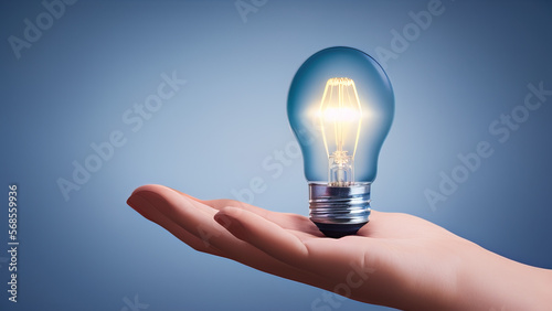hand holding a light bulb in front of blue studio background, idea, energy saving, electricity, Generative AI