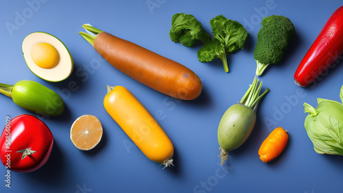 vegetables in front of blue studio background, healthy food, Generative AI