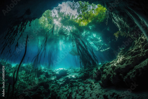 Mexico's Cenote Angelita, cave diving, extreme underwater experience, and underwater fogscape. Generative AI